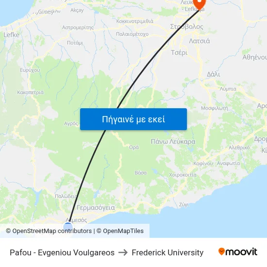 Pafou - Evgeniou Voulgareos to Frederick University map