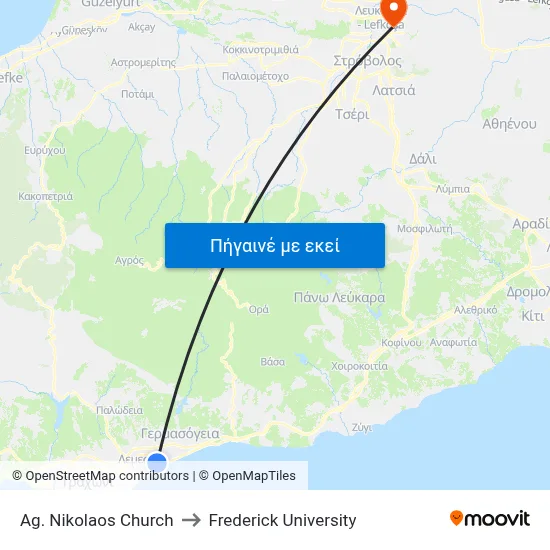 Ag. Nikolaos Church to Frederick University map