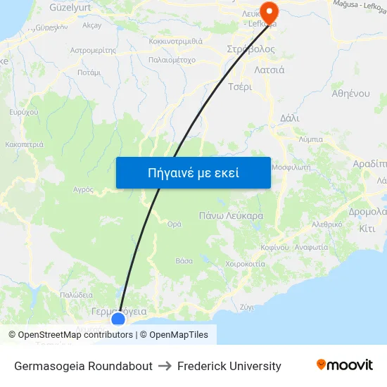 Germasogeia Roundabout to Frederick University map