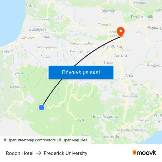 Rodon Hotel to Frederick University map