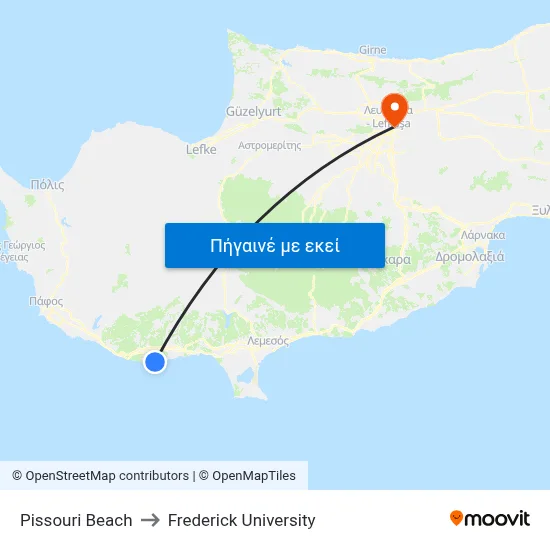 Pissouri Beach to Frederick University map