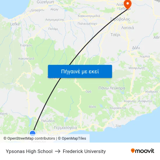 Ypsonas High School to Frederick University map
