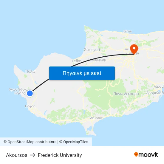 Akoursos to Frederick University map