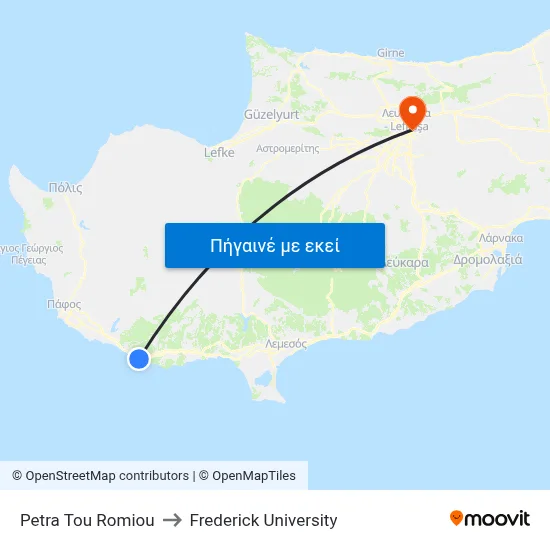 Petra Tou Romiou to Frederick University map