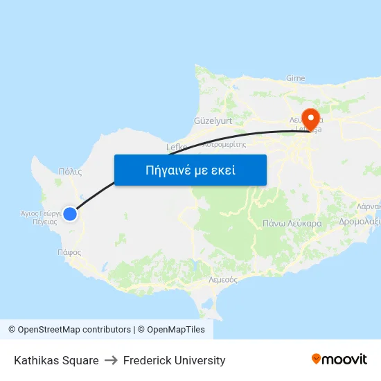 Kathikas Square to Frederick University map