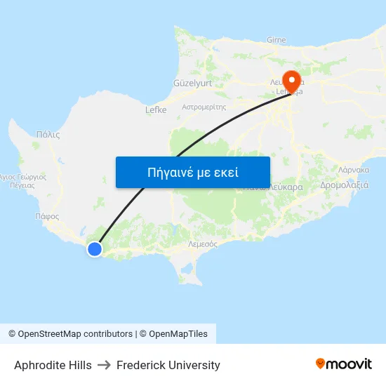 Aphrodite Hills to Frederick University map