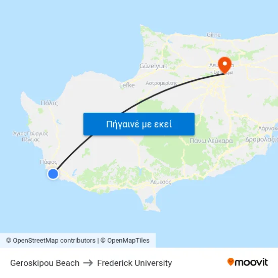 Geroskipou Beach to Frederick University map