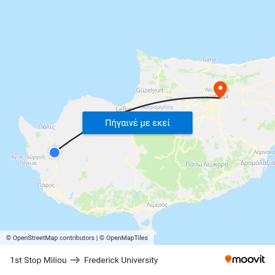 1st Stop Miliou to Frederick University map