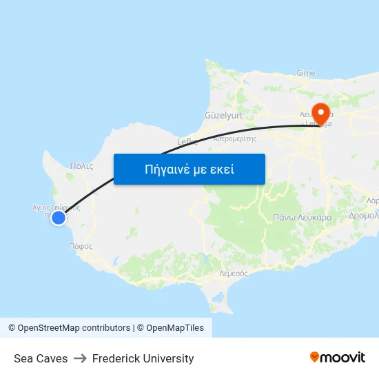 Sea Caves to Frederick University map
