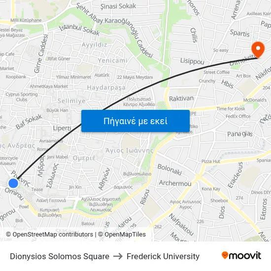 Dionysios Solomos Square to Frederick University map