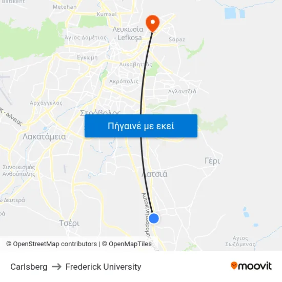 Carlsberg to Frederick University map