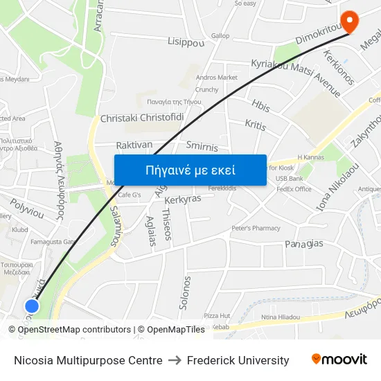 Nicosia Multipurpose Centre to Frederick University map