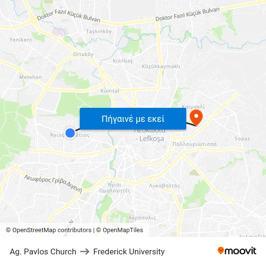 Ag. Pavlos Church to Frederick University map