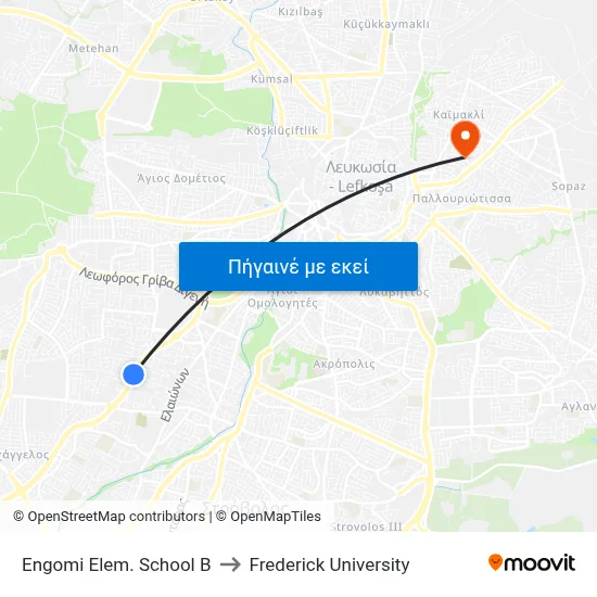 Engomi Elem. School B to Frederick University map