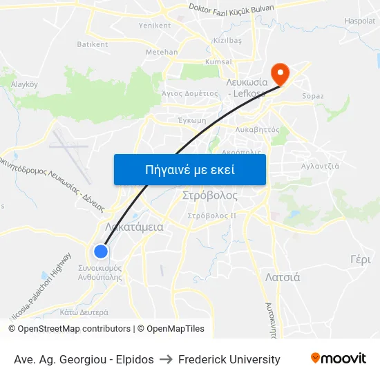 Ave. Ag. Georgiou - Elpidos to Frederick University map