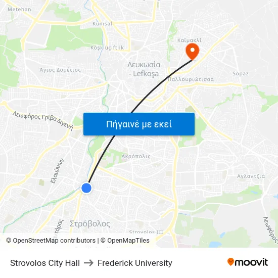 Strovolos City Hall to Frederick University map