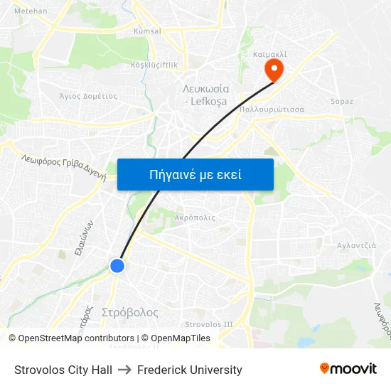 Strovolos City Hall to Frederick University map