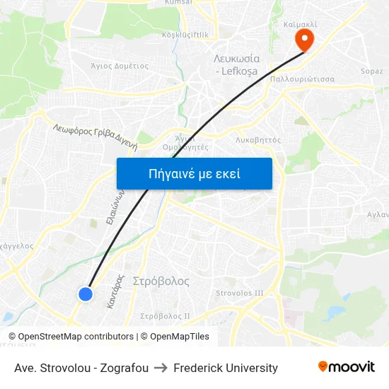 Ave. Strovolou - Zografou to Frederick University map