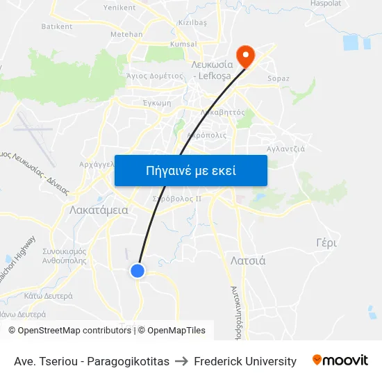 Ave. Tseriou - Paragogikotitas to Frederick University map