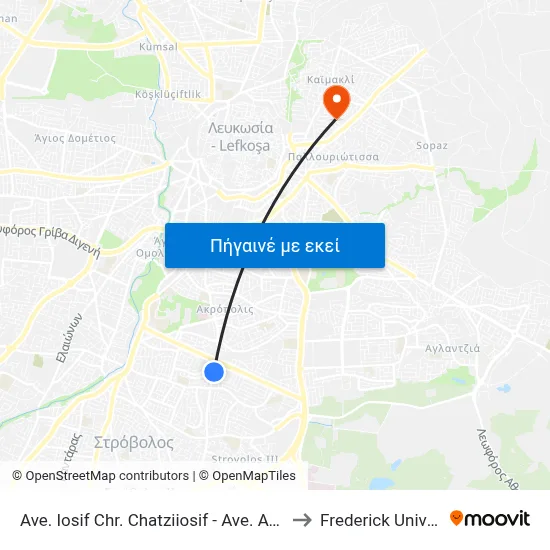 Ave. Iosif Chr. Chatziiosif - Ave. Athalassas to Frederick University map