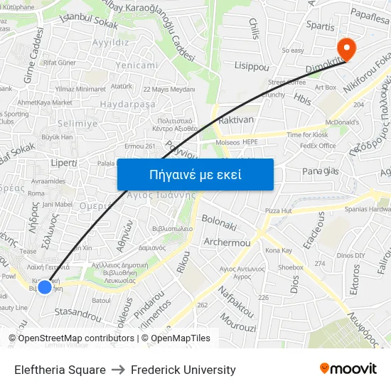 Eleftheria Square to Frederick University map
