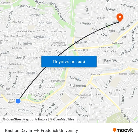 Bastion Davila to Frederick University map