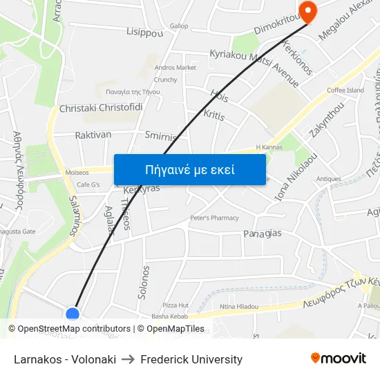 Larnakos - Volonaki to Frederick University map