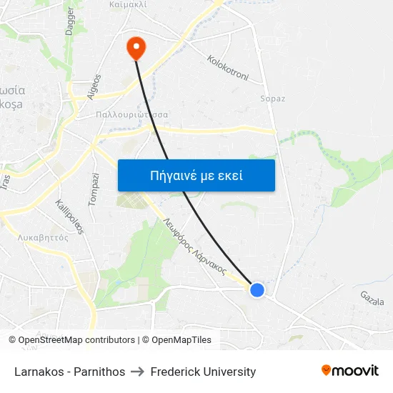 Larnakos - Parnithos to Frederick University map
