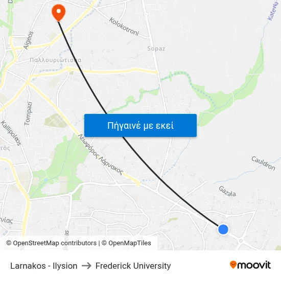 Larnakos - Ilysion to Frederick University map
