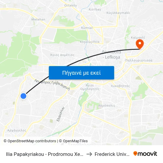 Ilia Papakyriakou - Prodromou Xenofontos to Frederick University map