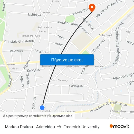 Markou Drakou - Aristeidou to Frederick University map