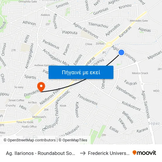 Ag. Ilarionos - Roundabout Sopaz to Frederick University map