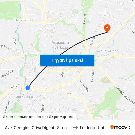 Ave. Georgiou Griva Digeni - Simou Menardou to Frederick University map