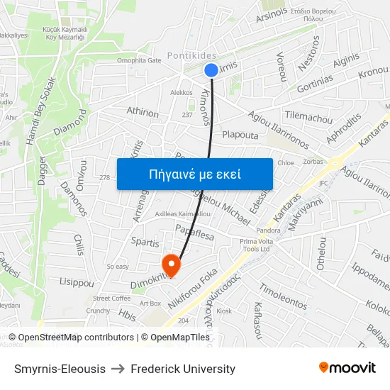 Smyrnis-Eleousis to Frederick University map