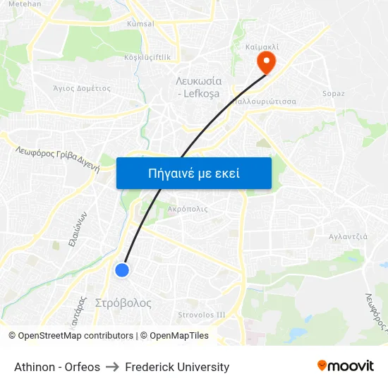 Athinon - Orfeos to Frederick University map
