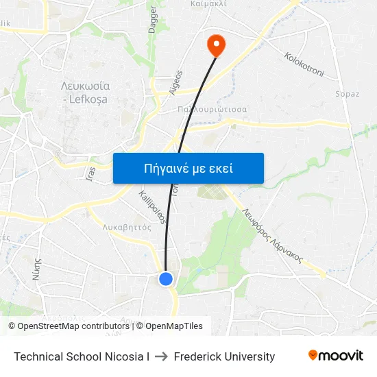 Technical School Nicosia I to Frederick University map