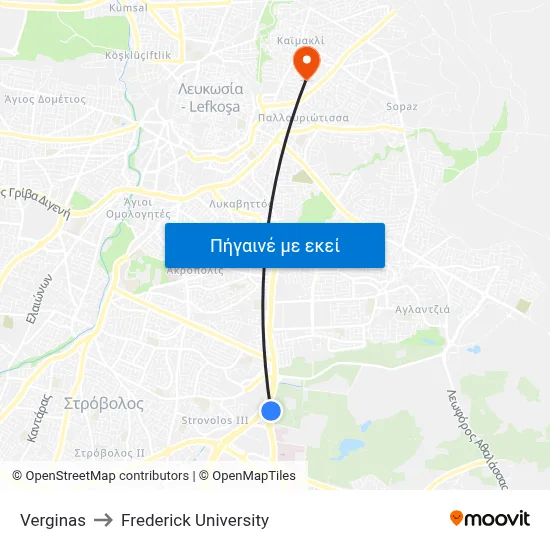 Verginas to Frederick University map