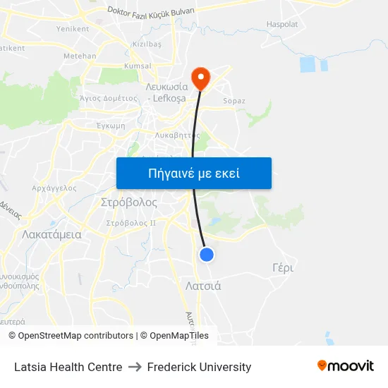 Latsia Health Centre to Frederick University map