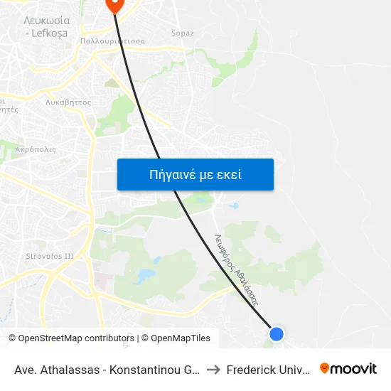Ave. Athalassas - Konstantinou Giallourou to Frederick University map