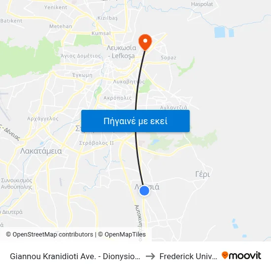 Giannou Kranidioti Ave. - Dionysiou Solomou to Frederick University map