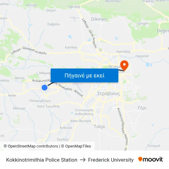 Kokkinotrimithia Police Station to Frederick University map