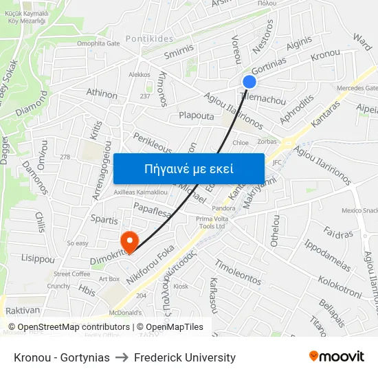 Kronou - Gortynias to Frederick University map