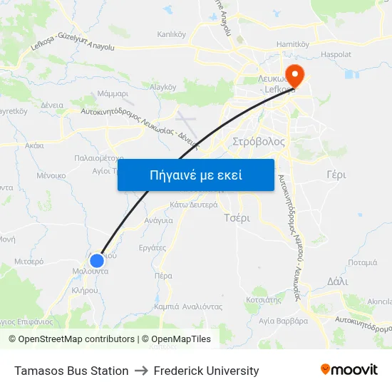 Tamasos Bus Station to Frederick University map