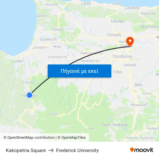 Kakopetria Square to Frederick University map