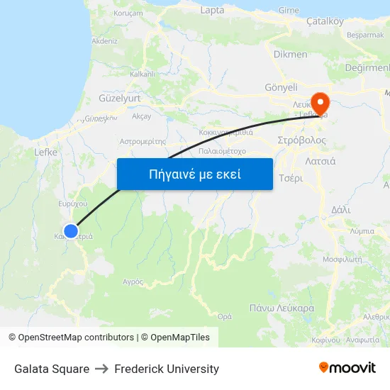 Galata Square to Frederick University map