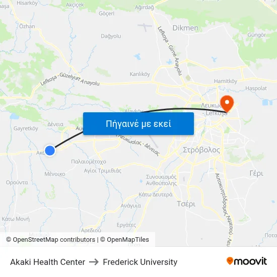 Akaki Health Center to Frederick University map