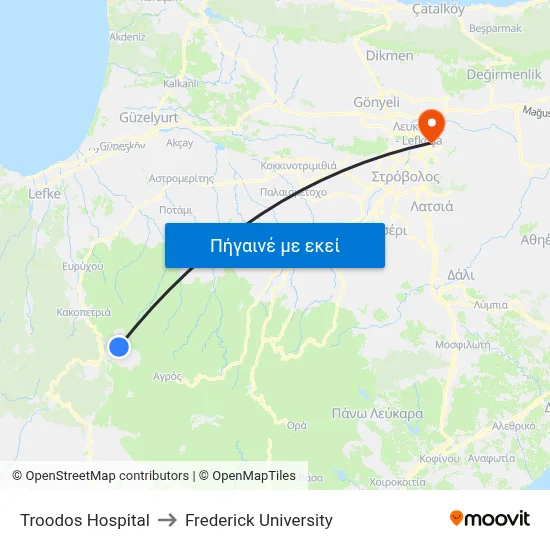 Troodos Hospital to Frederick University map
