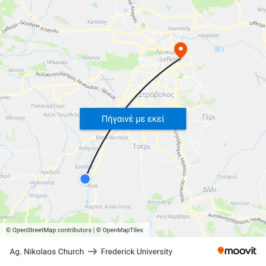 Ag. Nikolaos Church to Frederick University map