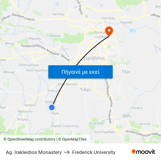 Ag. Irakleidios Monastery to Frederick University map