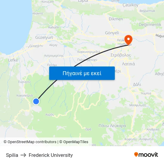 Spilia to Frederick University map